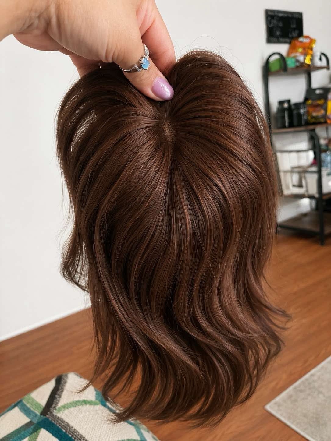 Real Human Hair Clip-In Topper Hairpiece Wiglet w/ Bangs Medium Brown 12in