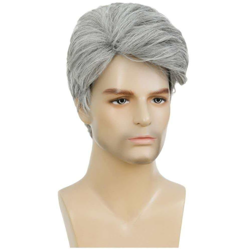 Men’s 6in Short Silver Gray Wig Heat Resistant Synthetic Full Cosplay Party