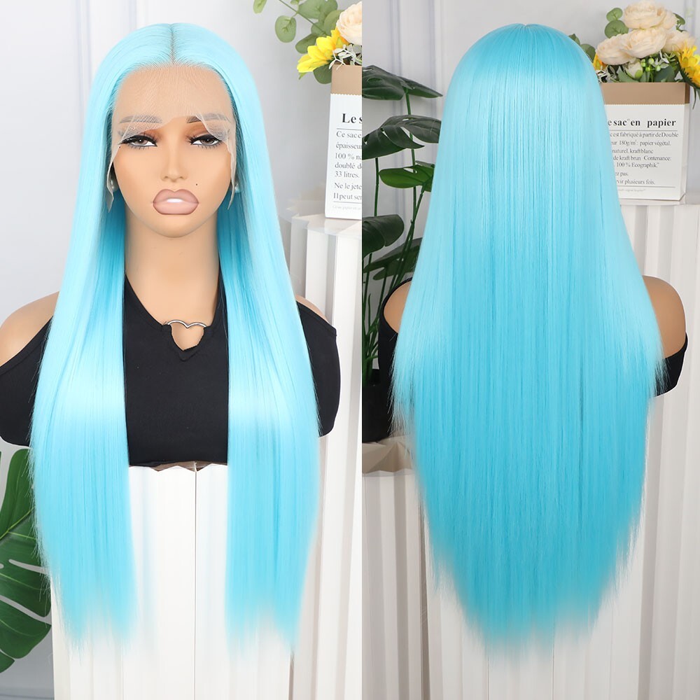 Light Blue Hair Lace Front Wigs Synthetic Pre Plucked Heat Resistant Women Party