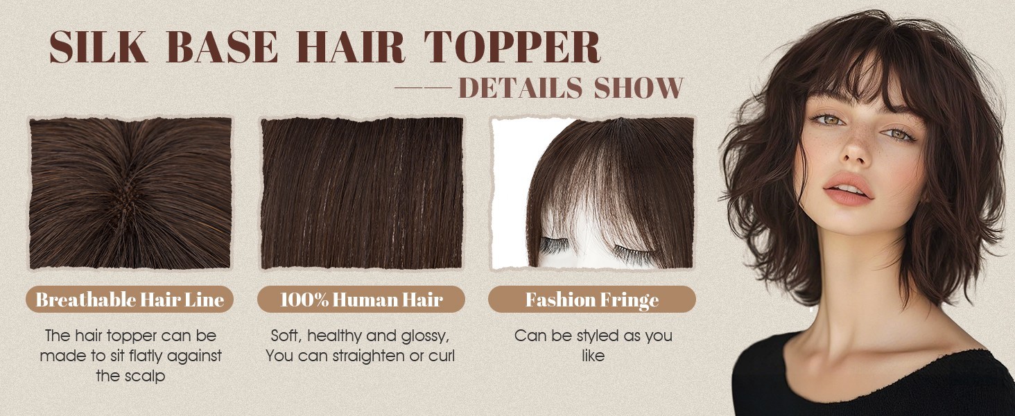 Hair Topper 100% Remy Human Hair, #4 Medium Brown, 10″ w/ Air Bangs FREE SHIP!