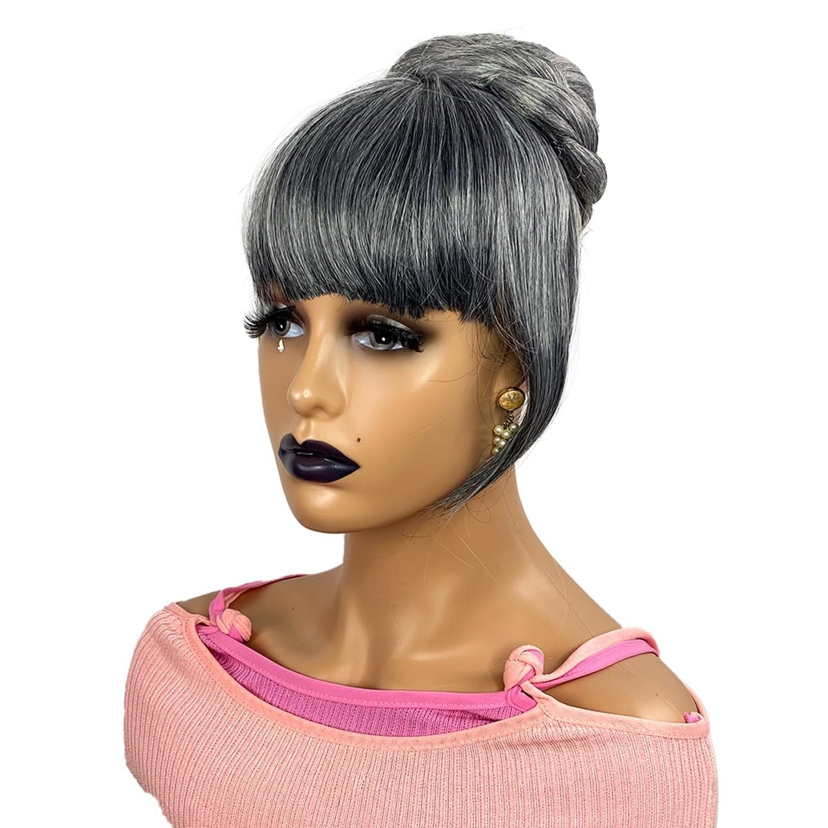 Gray Bun & Bangs Set 2PCS – Salt and Pepper Grey Clip in French Bangs with Tw…