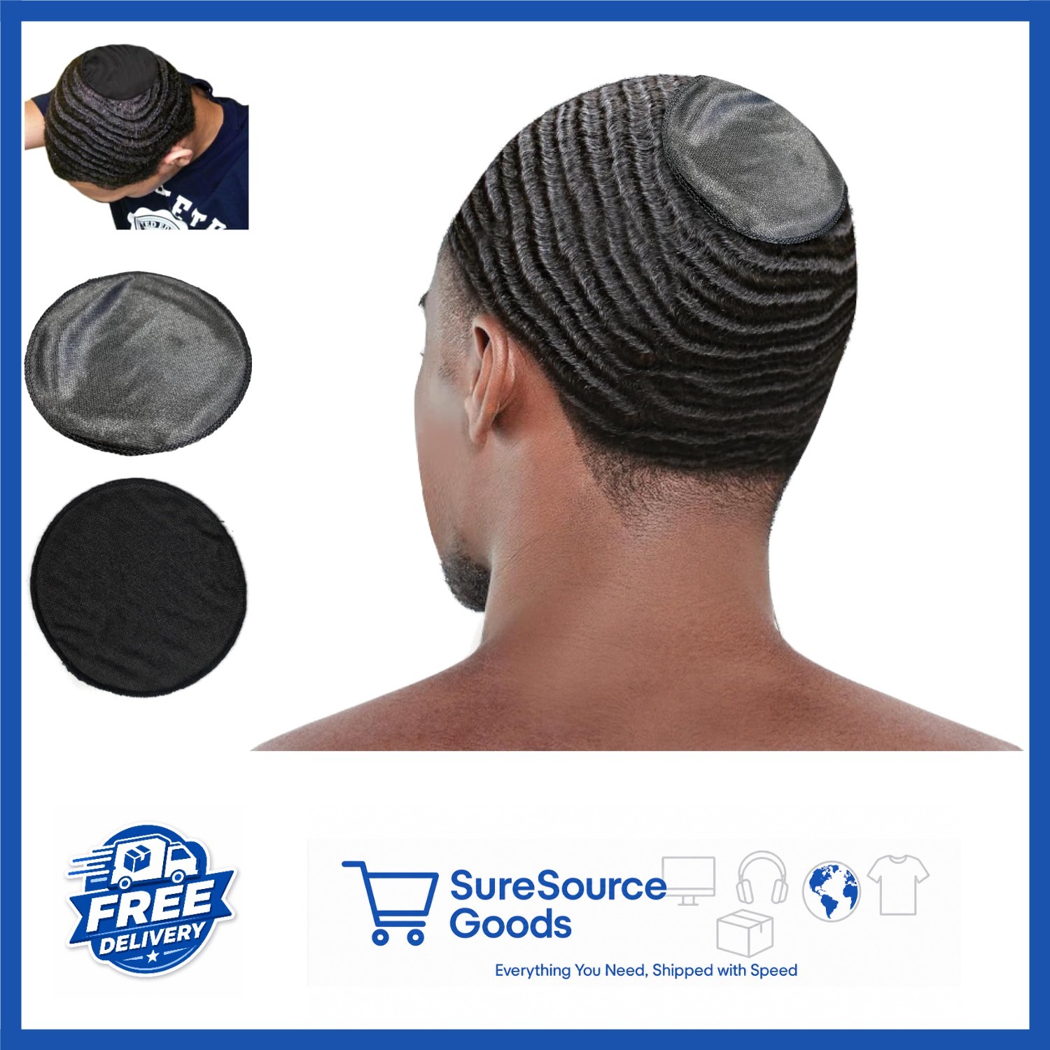 2pc Crown Compression Patches for Hair Men Black Silky Breathable Fabric