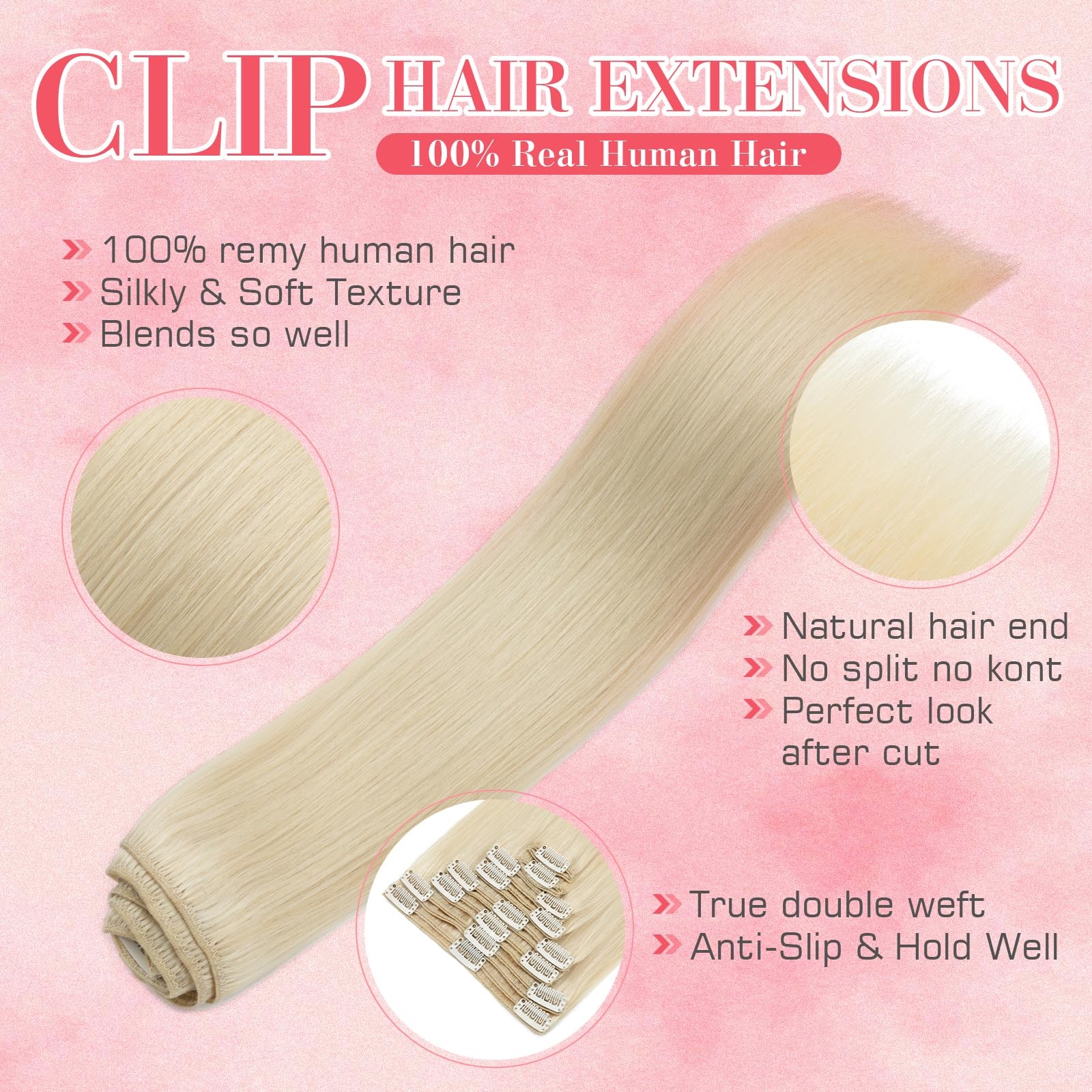 Clip in Hair Extensions Real Human Hair Platinum Blonde Clip on Extensions 18…