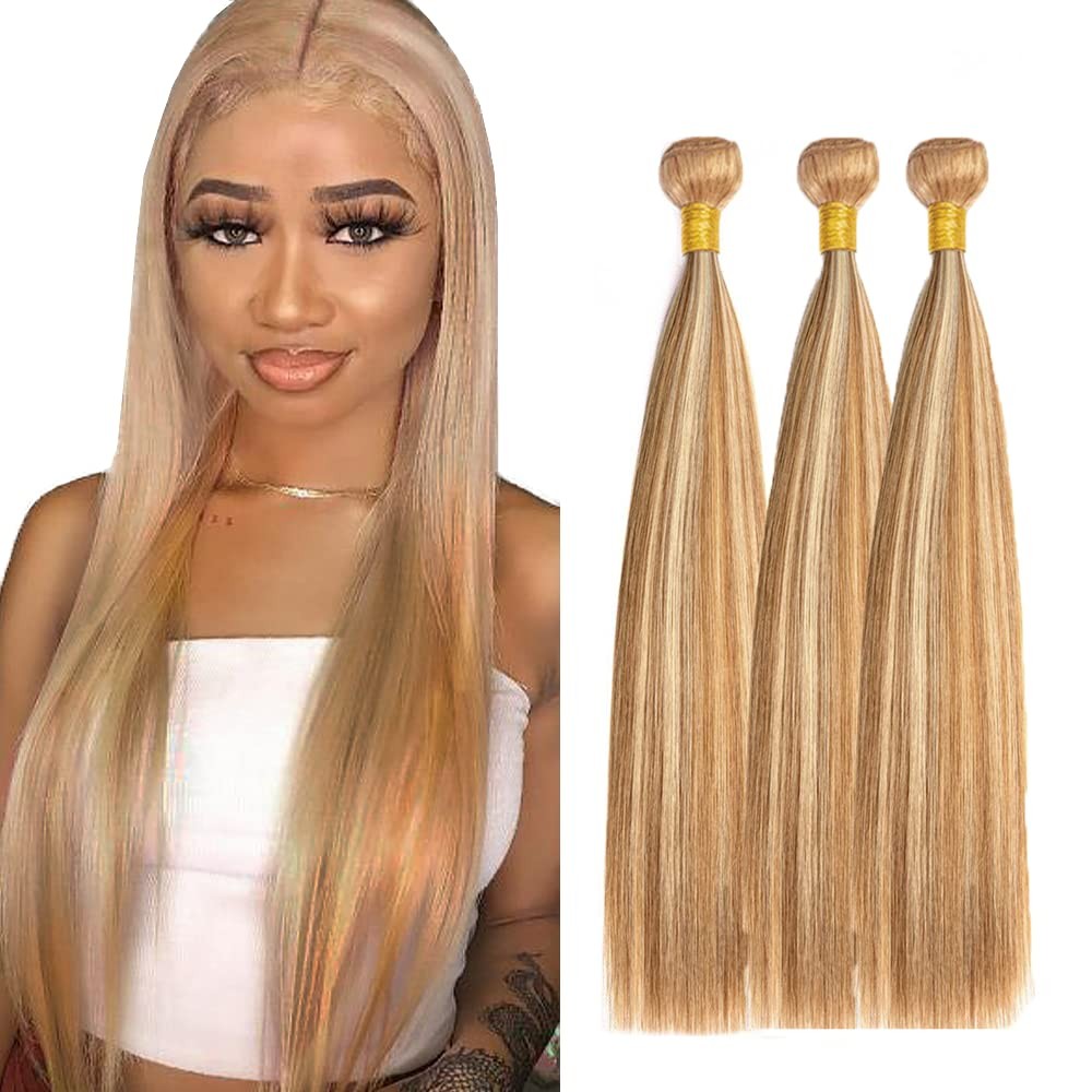 Honey Blonde Bundles Human Hair Straight Bundles 12 14 16 Inch P27/613 Highli…