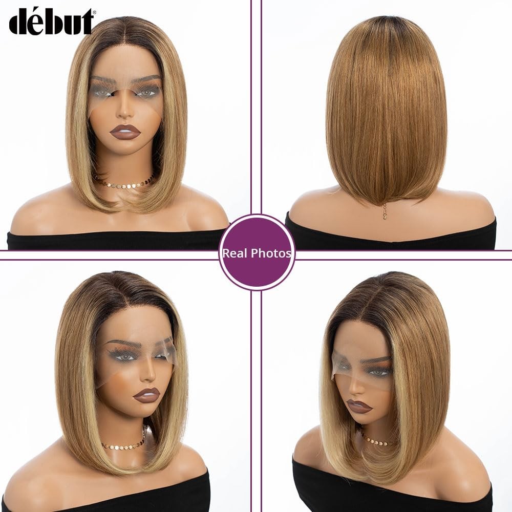 DEBUT Skunk Stripe Lace Front Wig 4×4 HD Ombre Brown Blonde Bob 10 Inch Human Ha