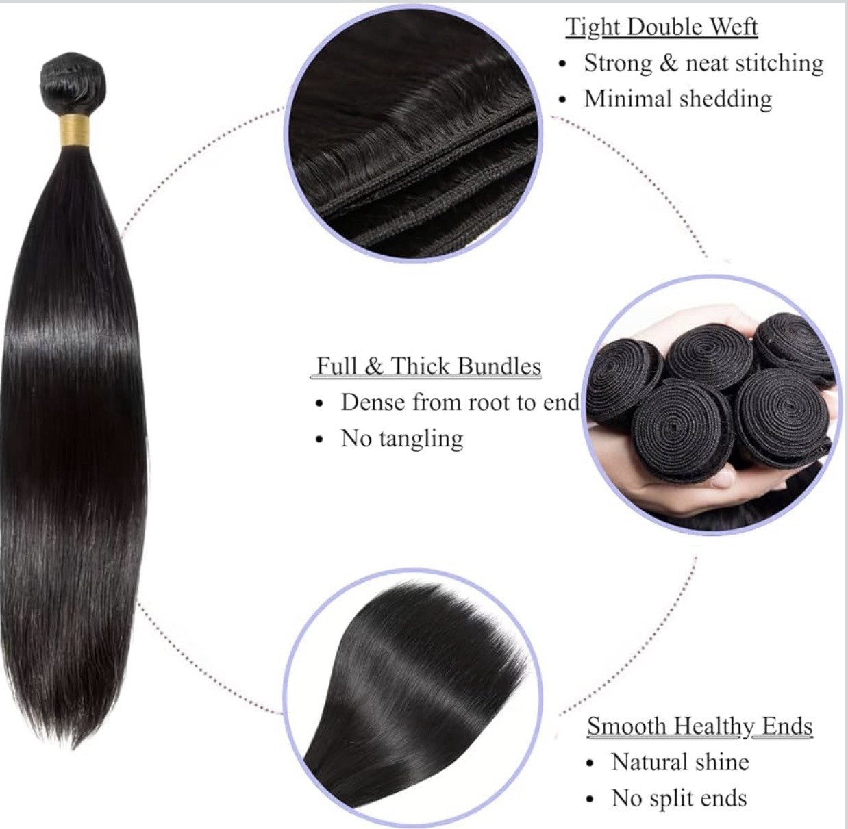 Straight Black Human Hair Weaving Extensions, 24in, Sew-In, Full & Thick, 4pcs