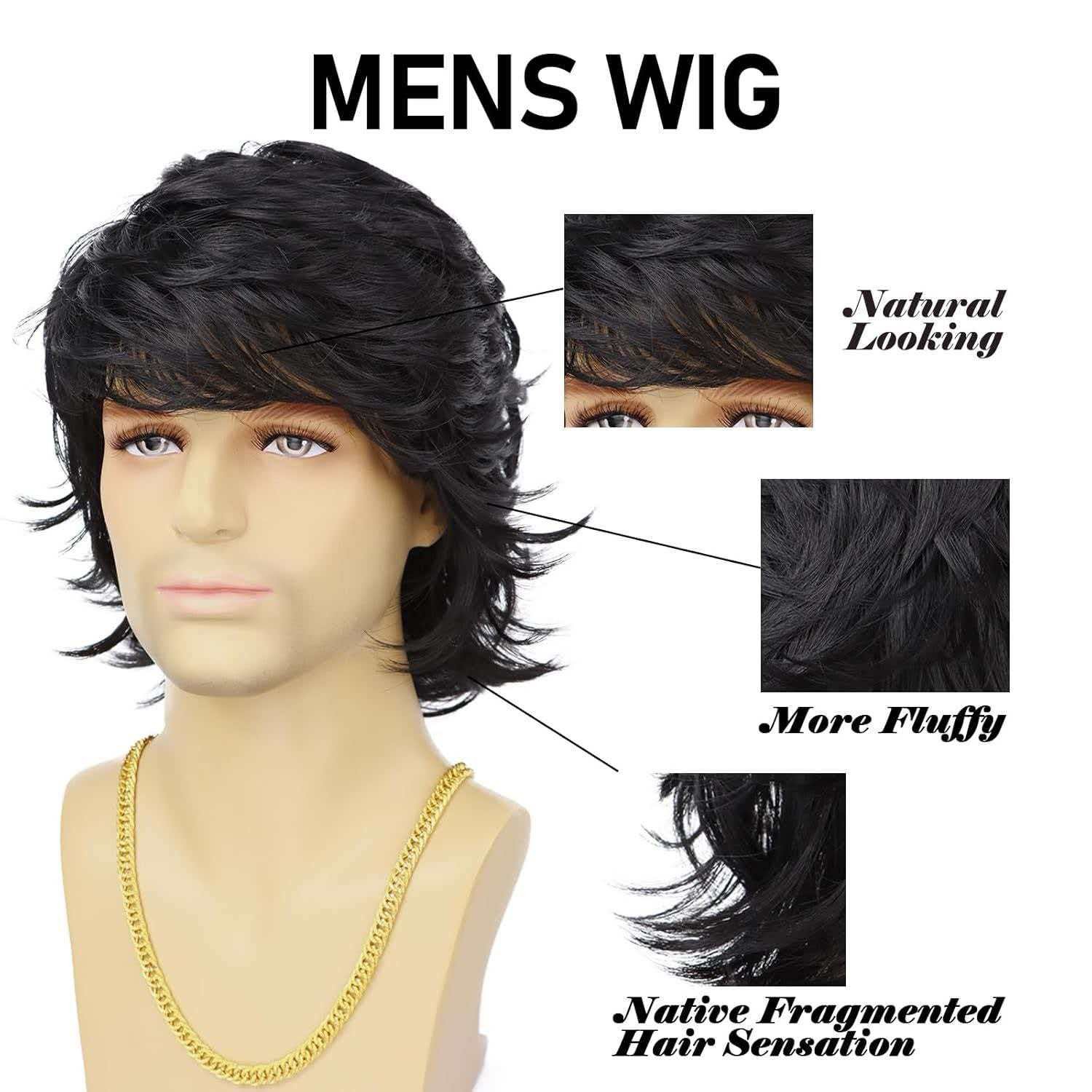 Men’s Short Black Wavy Wig 8in Full Cosplay Heat Resistant Synthetic Party