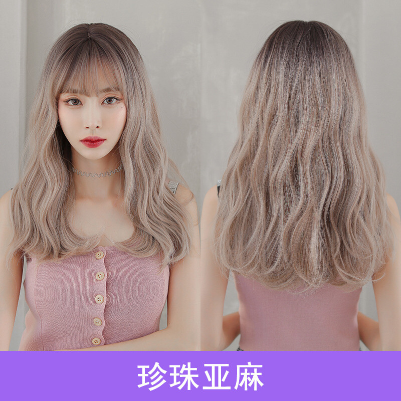 Korean Medium-Length Long Curly Wavy Wig with Bangs, Natural Heat-Resistant Wigs