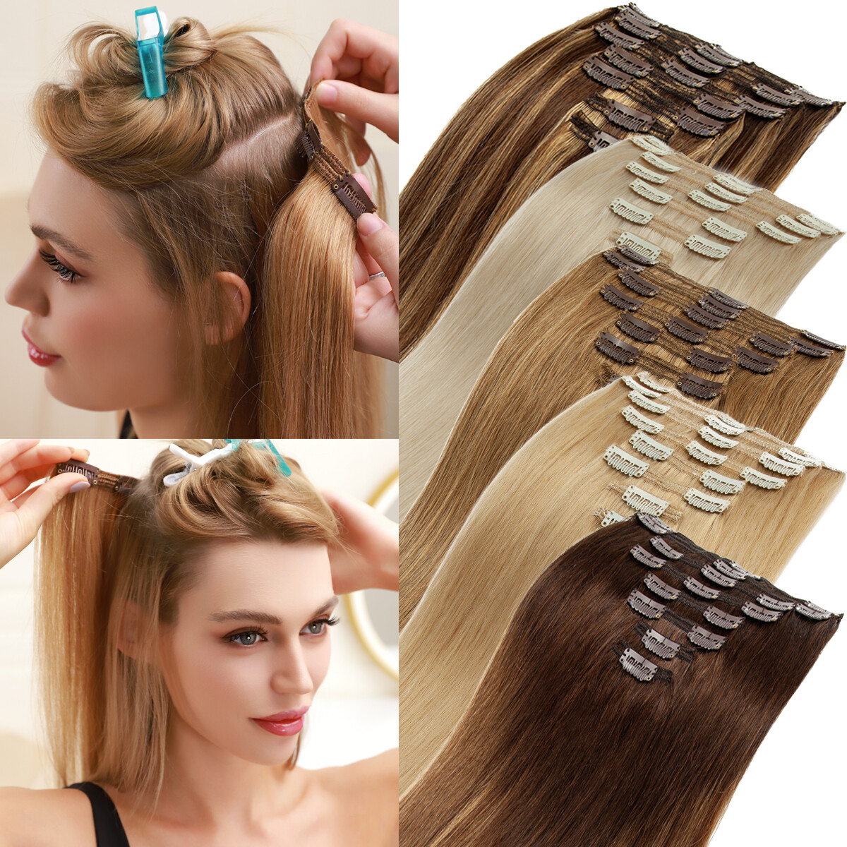 Body Wave Clip In Full Head Double Weft Remy Human Hair Extensions Thick Colored