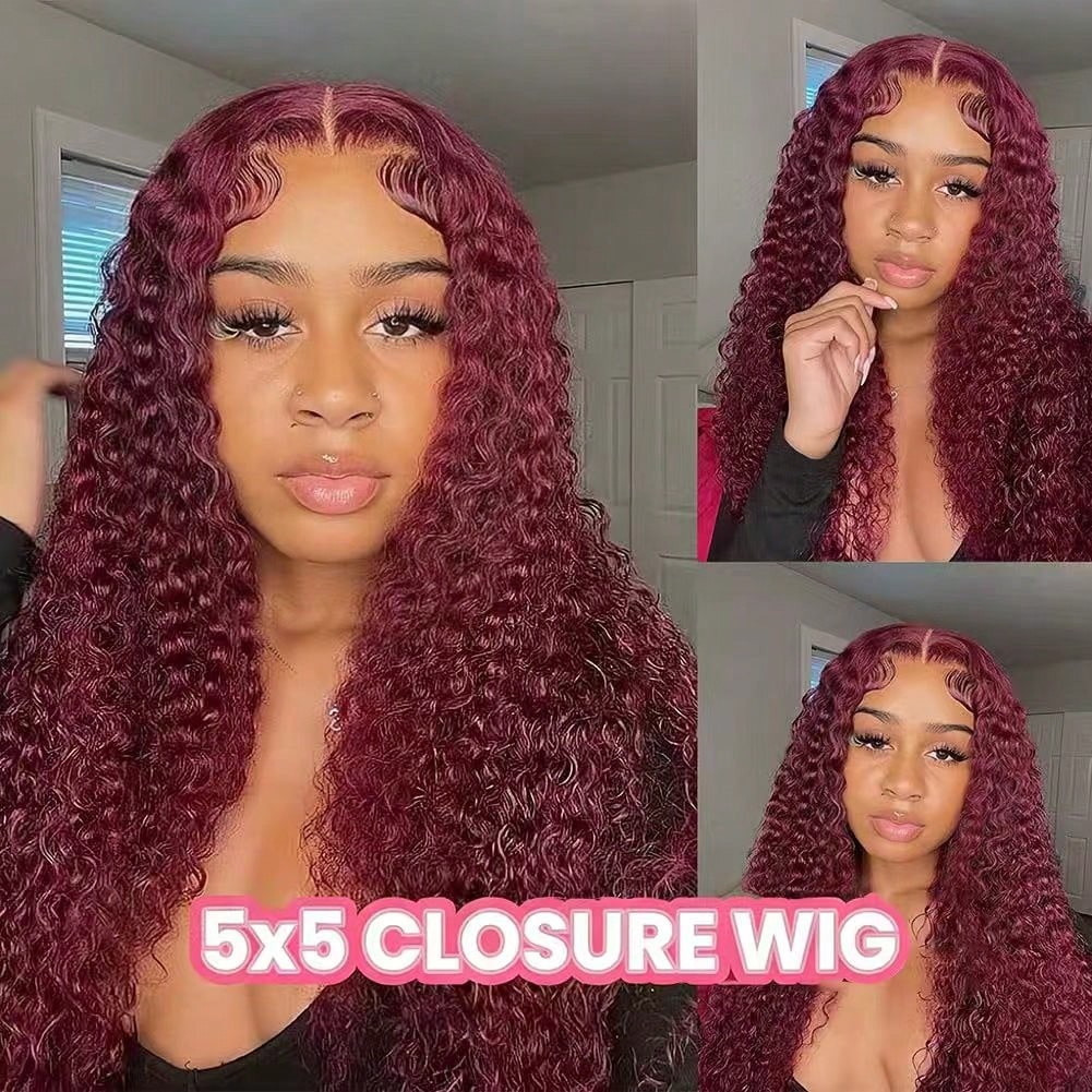 5×5 Jerry Curly Burgundy 99J Brazilian Virgin Wigs 200% Density Human Hair
