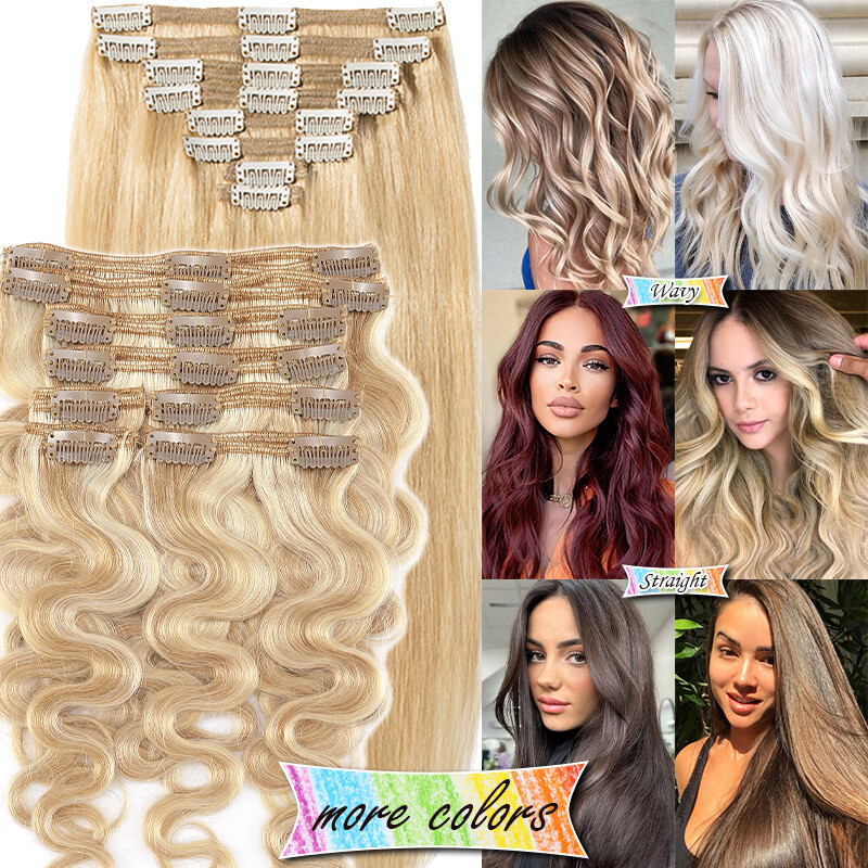 Thick Double Weft Clip In Real Remy Human Hair Extensions Full Head Highlight US