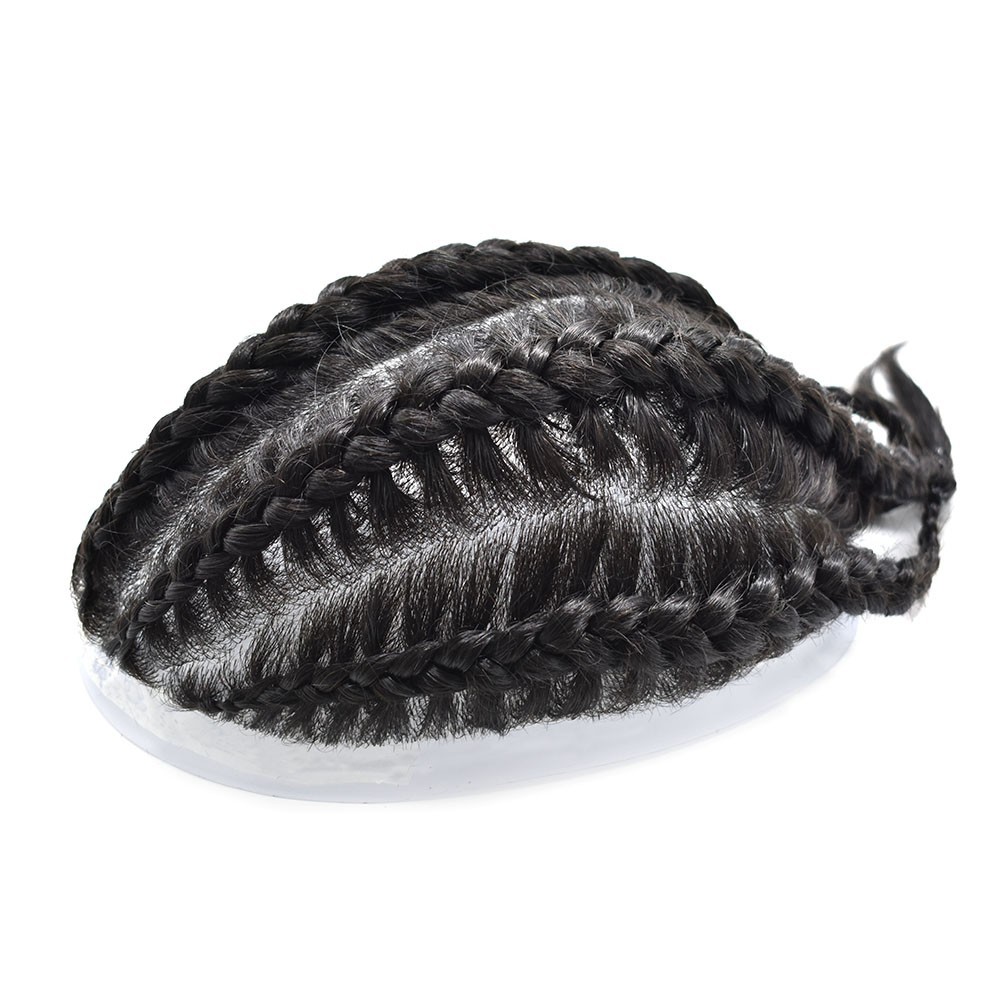 Cornrow Braids Mens Toupee Full Poly Box Braided Mens Hairpiece Male Braiding