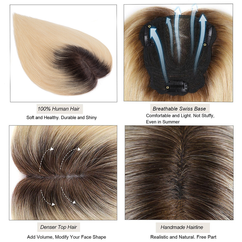 Women Topper Remy Human Hair Clip In Silk Lace Base Top Hairpiece Wigs Side Part
