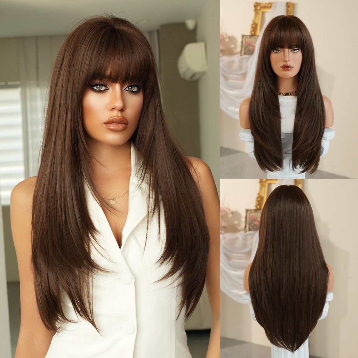 Long straight hair multi-layered fringe with fluffy synthetic heat-resistant fib