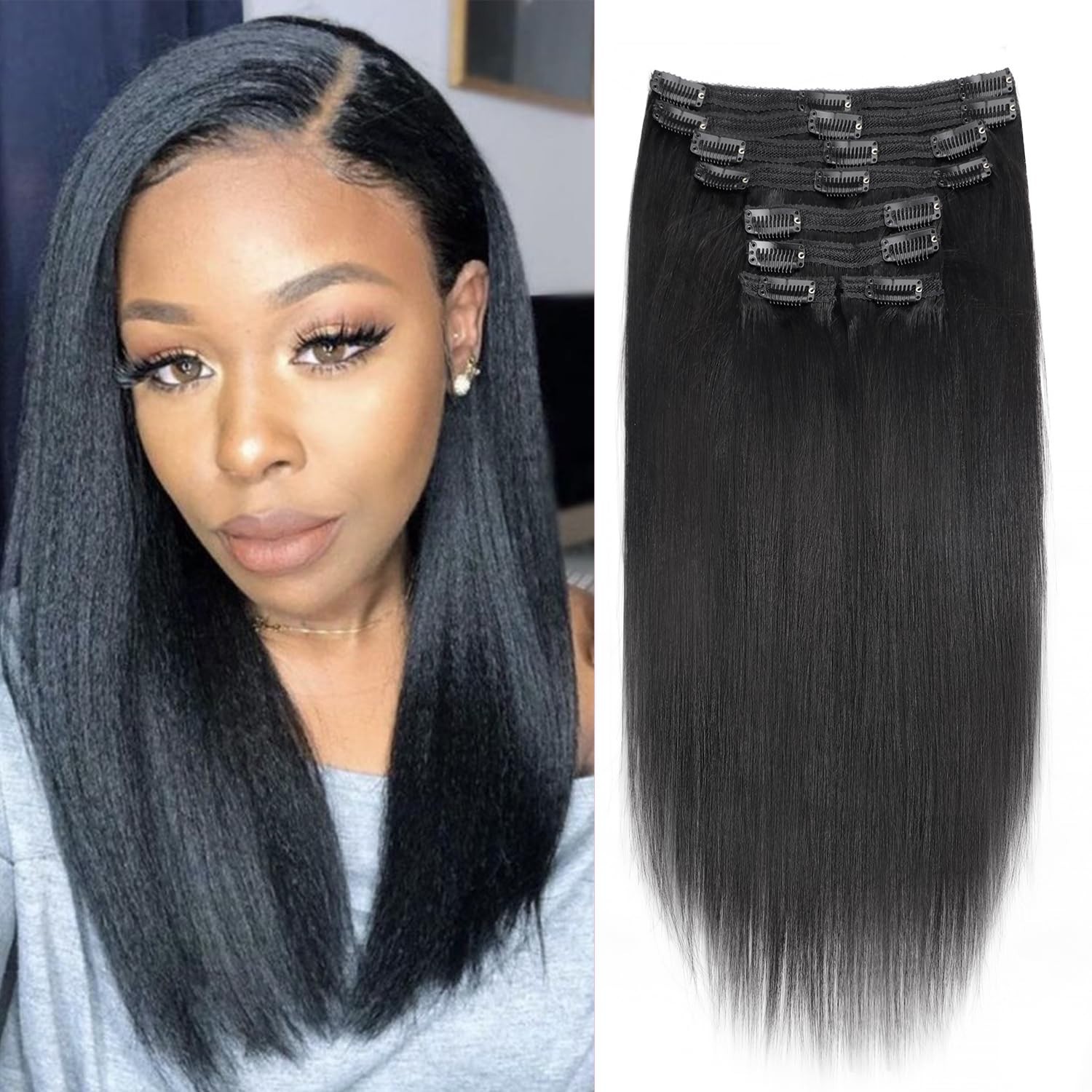 12″ Yaki Straight Clip-In Human Hair Extensions – 120g, 18 Clips, Low Shine, #1B