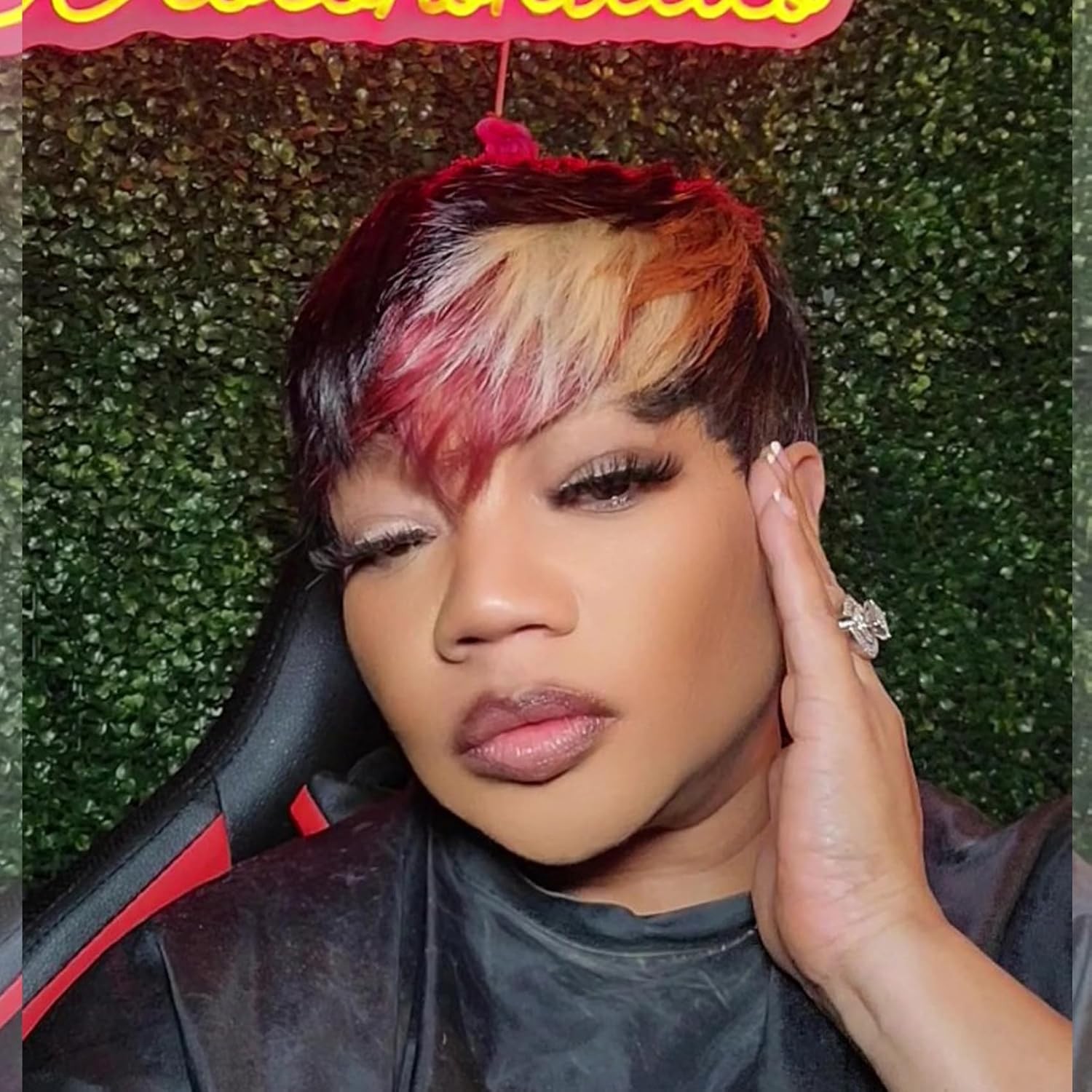 SAEIALL Pixie Cut Wig for Black Women Human Hair Multi-color Pixie Wig with Bang