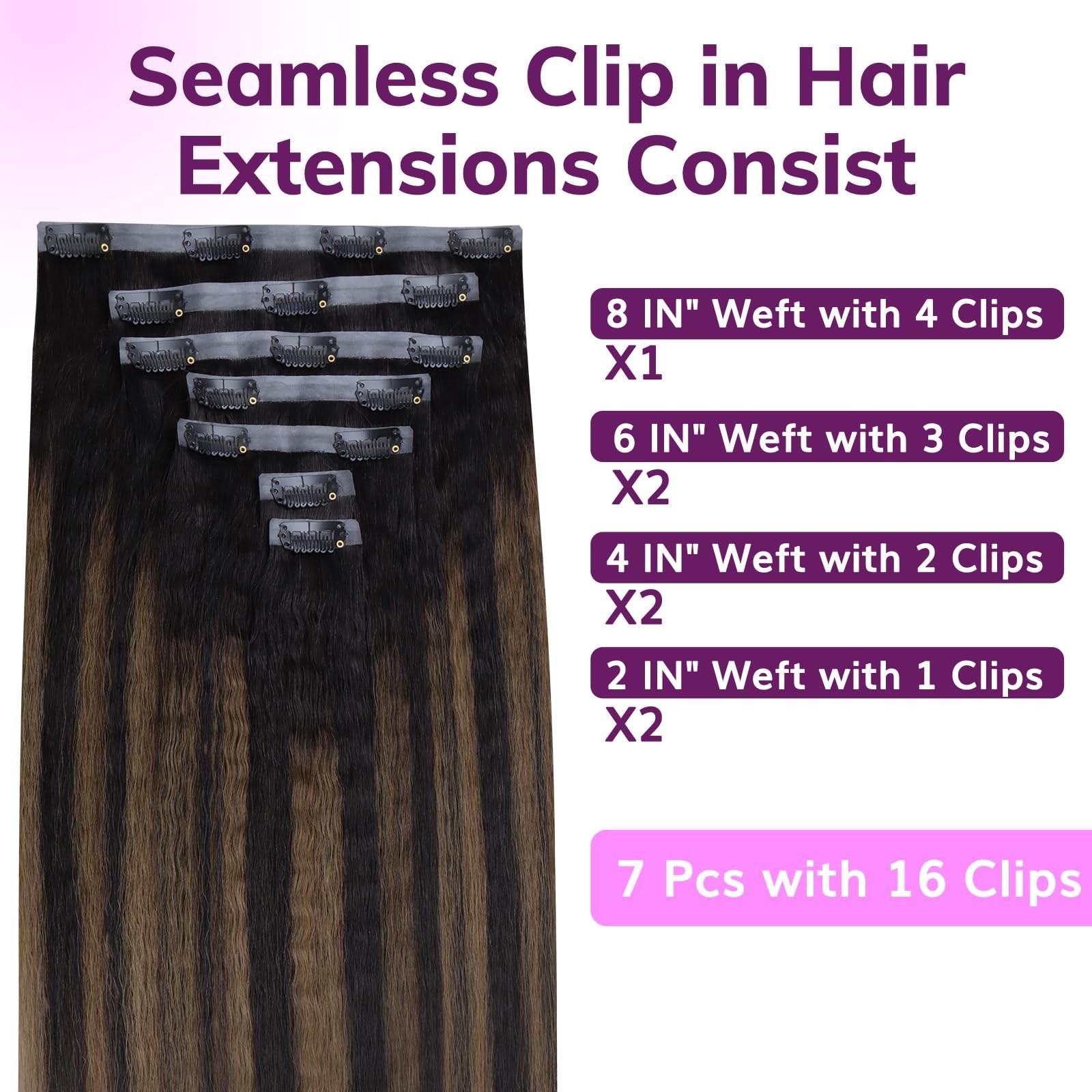 Seamless Clip-In Hair Extensions 16″ Kinky Straight 110g 7pcs Balayage Natural B