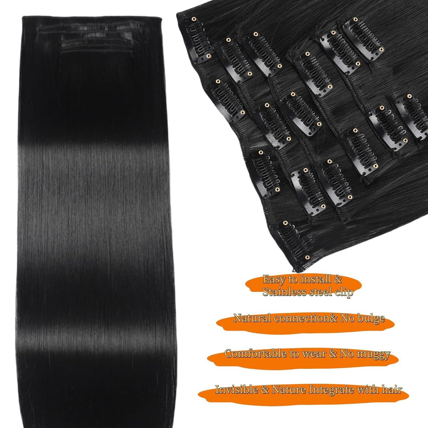 Seamless Clip-in Hair Extensions – 7 Pieces, 140g Synthetic US 24 Inch, Black