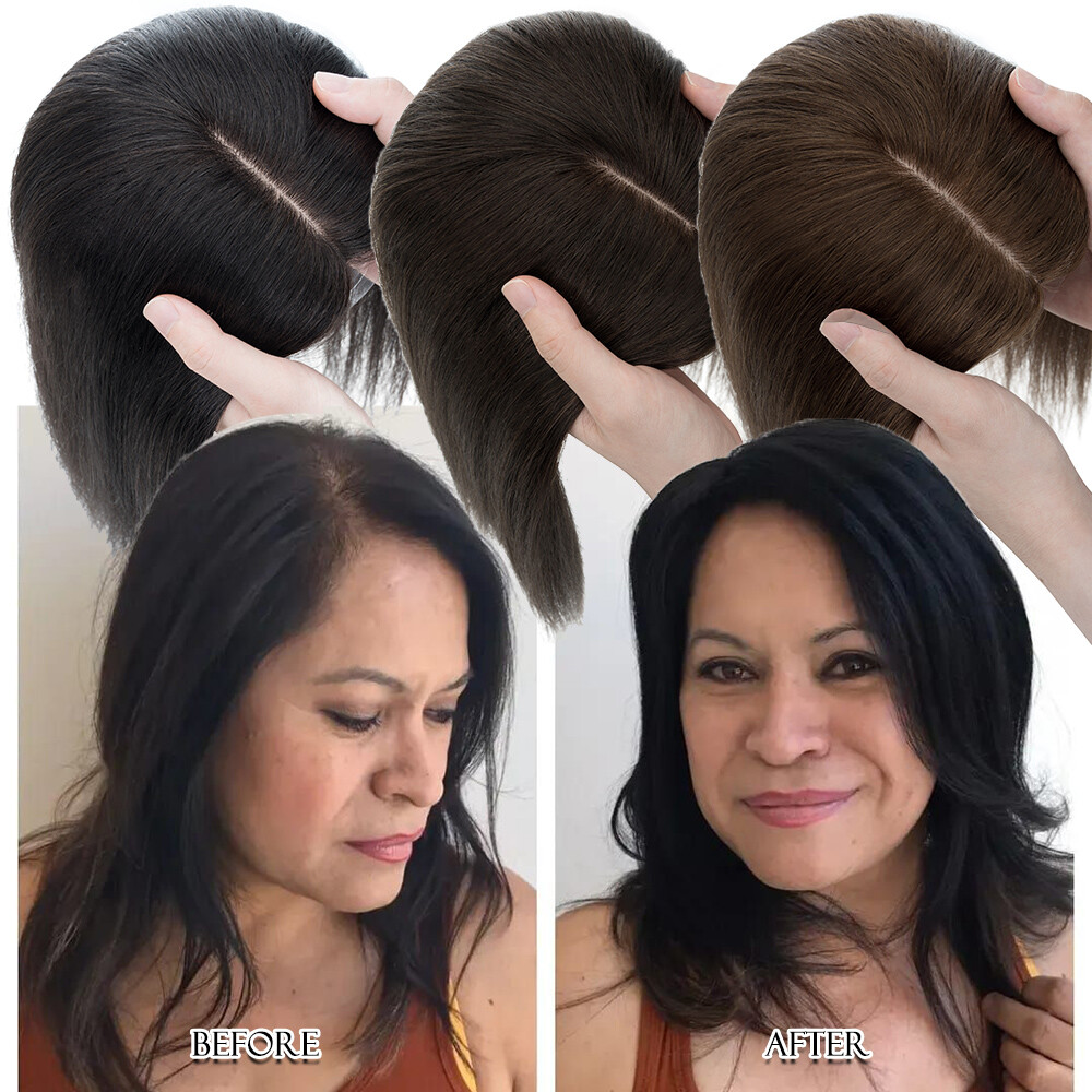 Top Topper Toupee Clip In Remy 100% Human Hair Silk Base Wiglet THICK Piece Weft