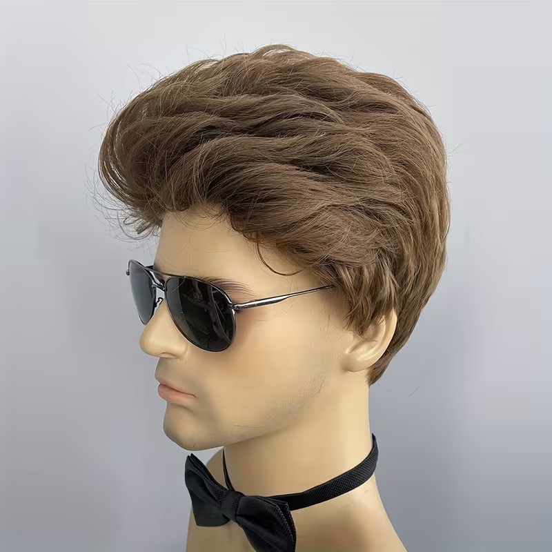 Men Wig Brown Layered Short Beanie Hairpiece Universal Male Cosplay Glueless Wig