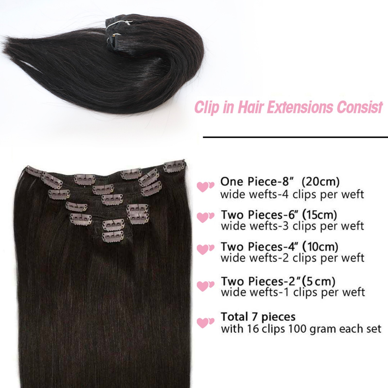Real Human Hair Clip in Hair Extensions, Unprocessed & 100% Handmade Pure 100g