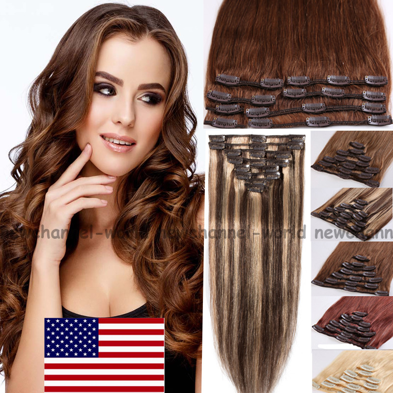 7PCS Real Clip in Remy Human Hair Extensions 70g-120g Straight Full Head US B321