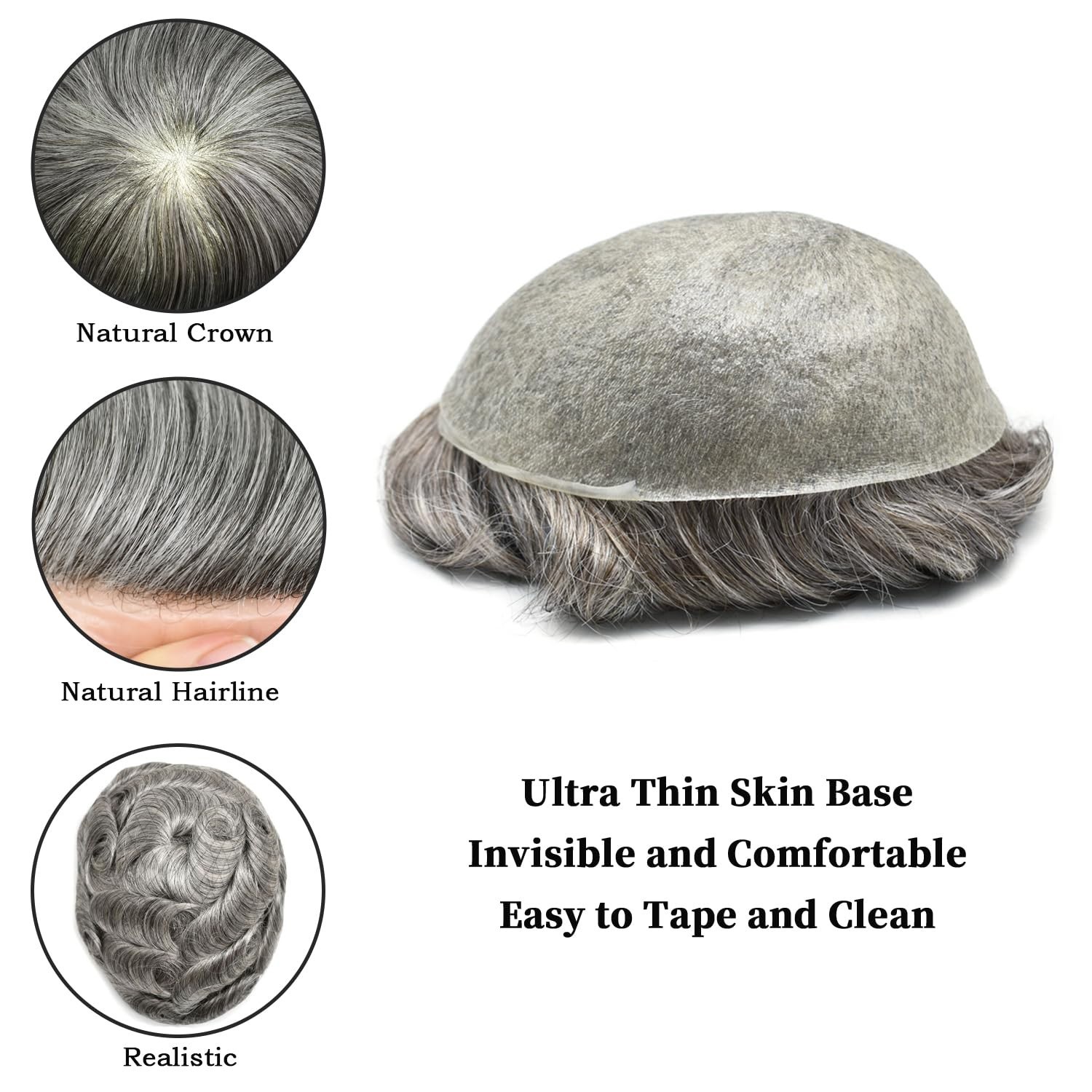Mens Toupee Ultra Thin Skin Hair Replacement System Invisible V-Loop Hair Piece