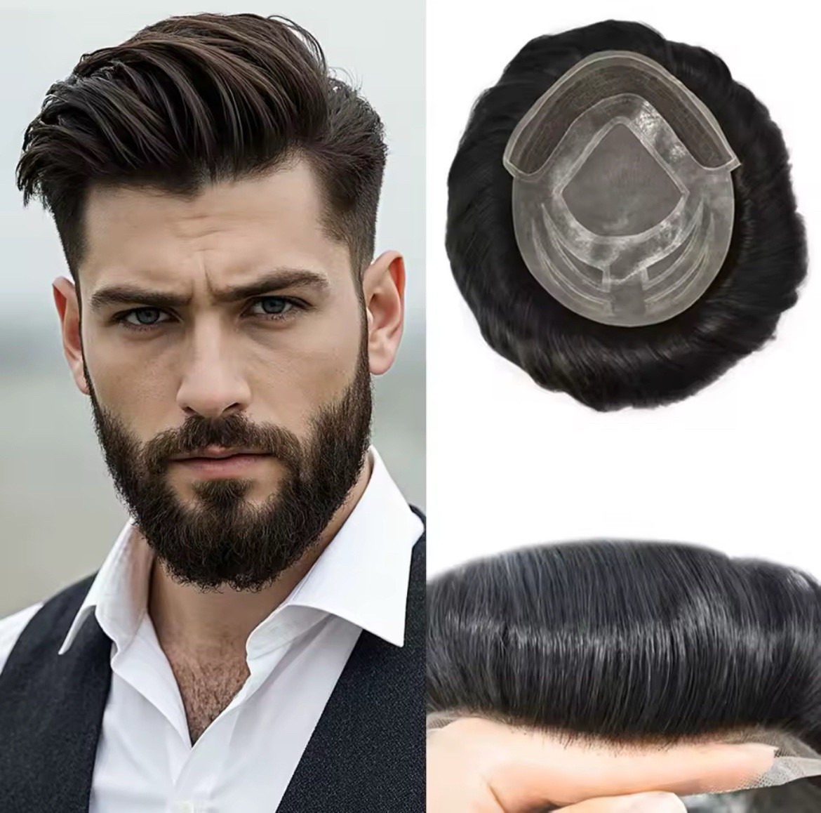 Men’s Human Hair Toupee Hairpiece Lace Front Mono Mono Base Tape-In 10in