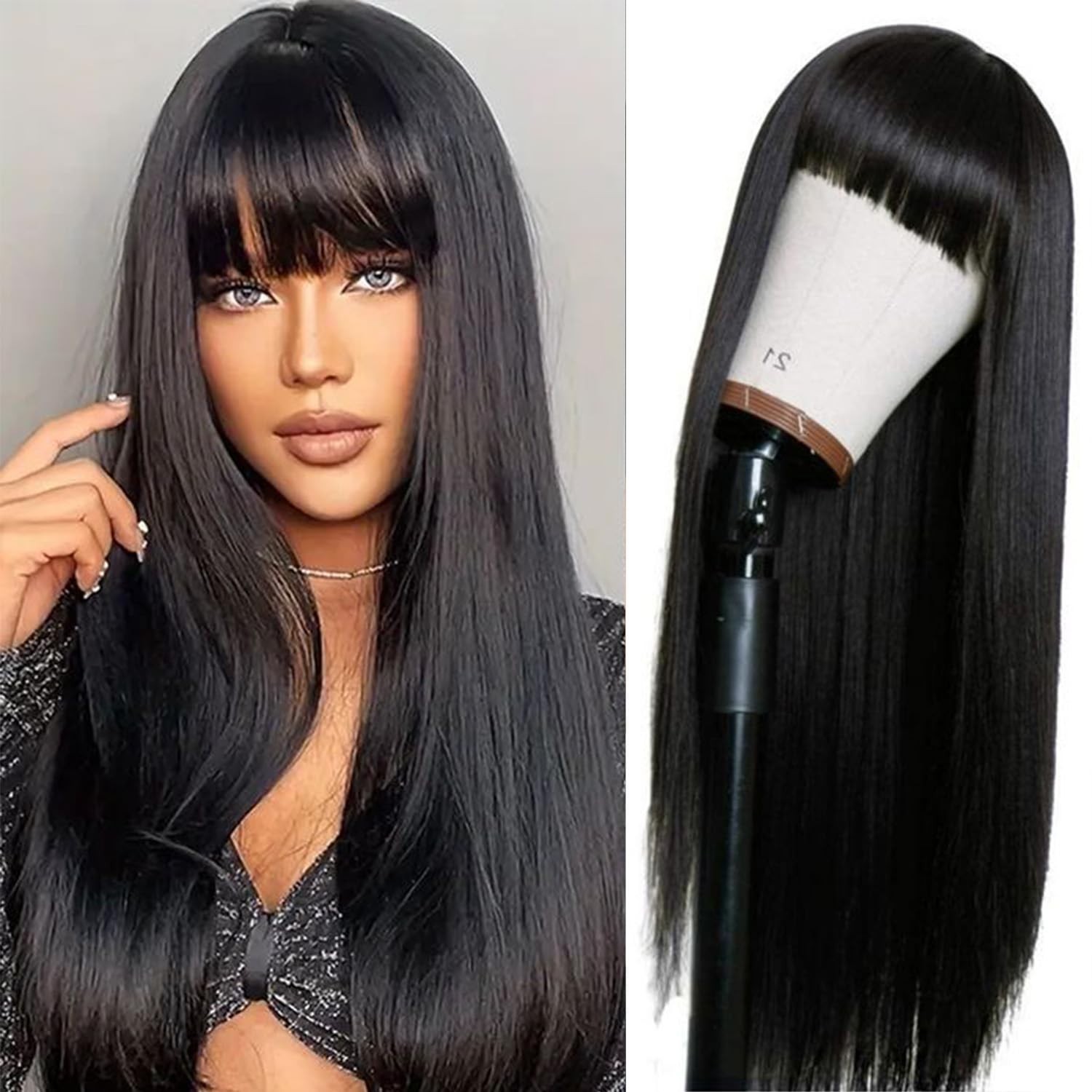 Straight Human Hair Wig With Bangs NO Lace Front Machine Made Wigs Glueless Wig