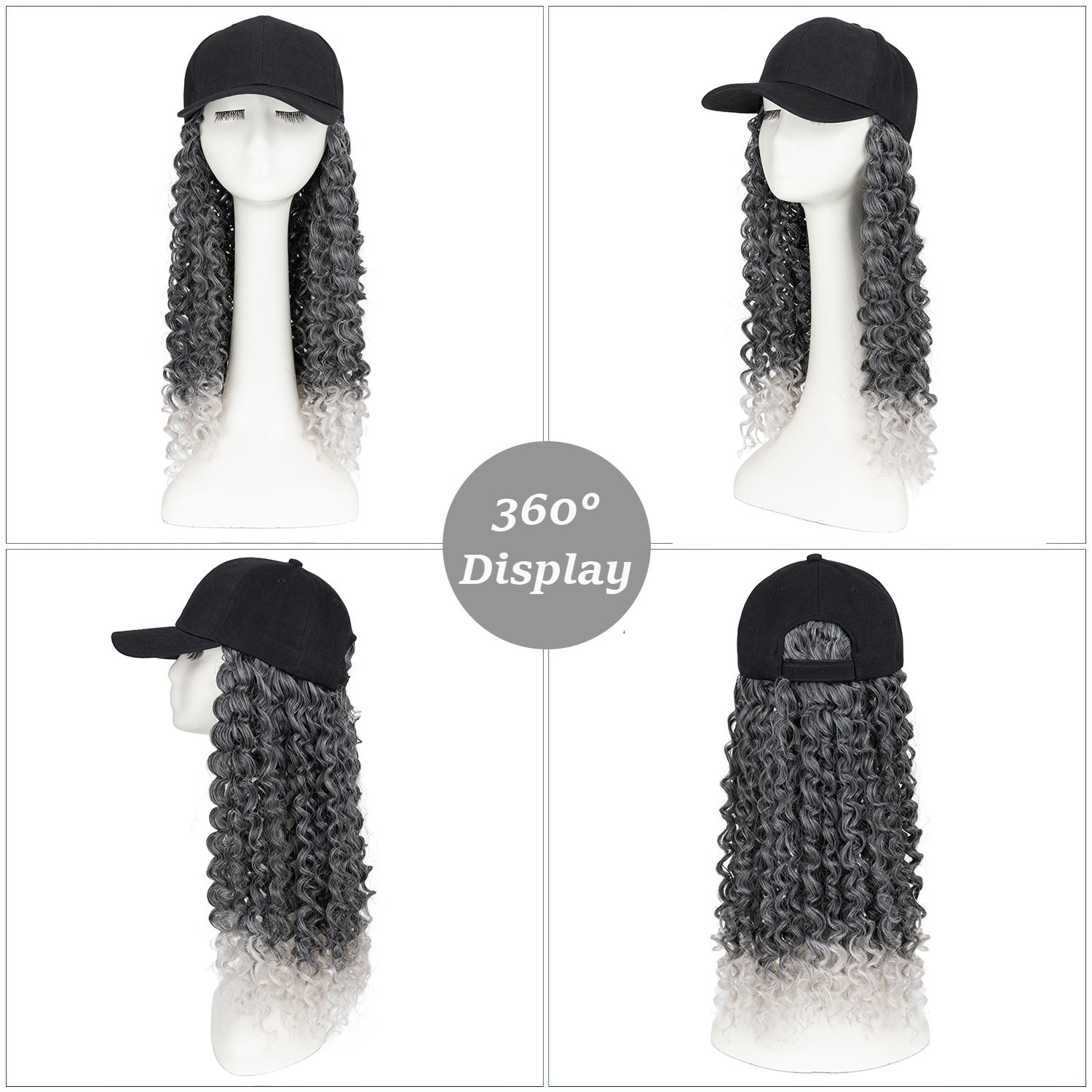 25In Women Black Baseball Cap with Hair Hat Wig Long Curly Deep Wave Hair Wig US