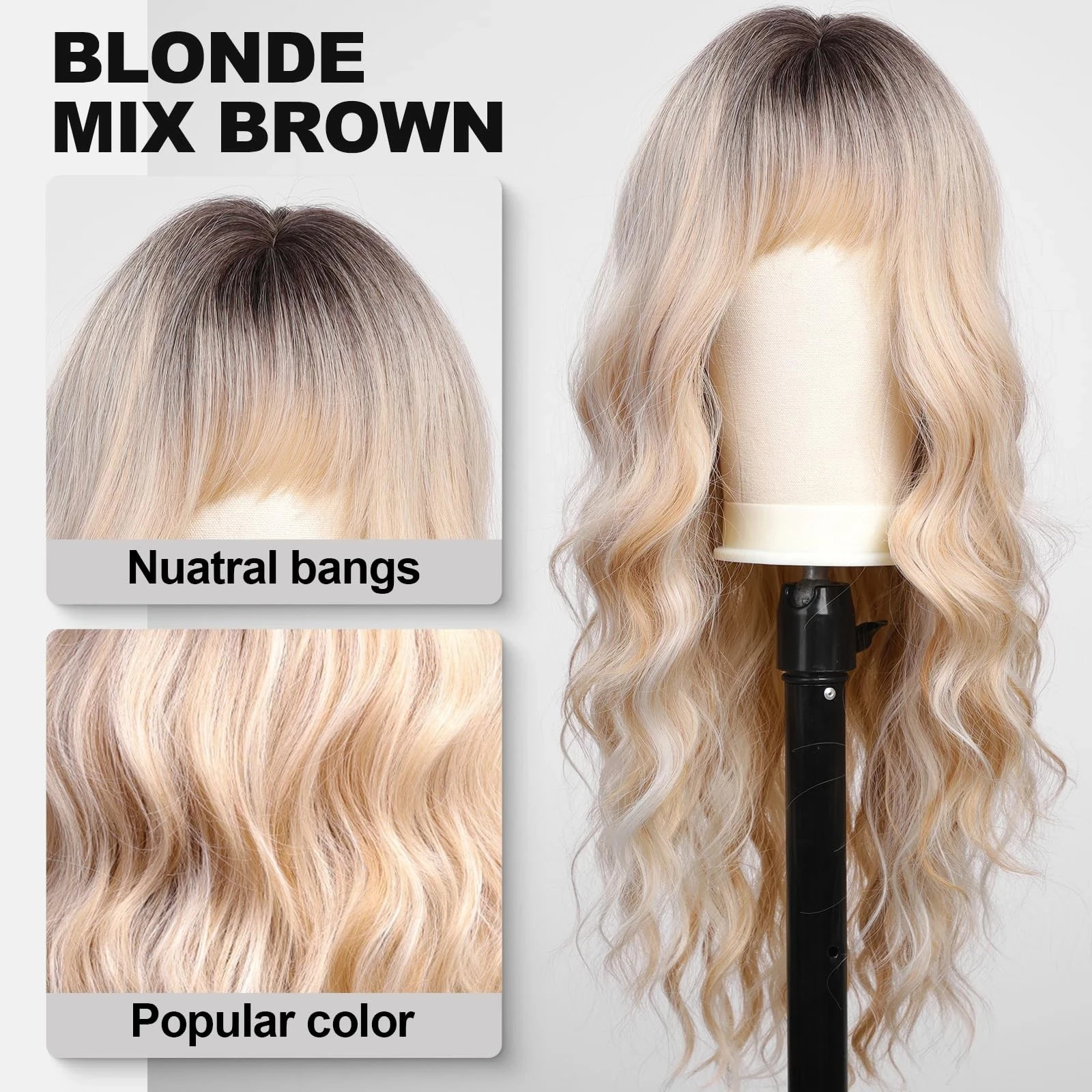 Ombre Blonde Wigs with Bangs,Long Curly Wig for Women,Blonde Long Wavy Wig Synth