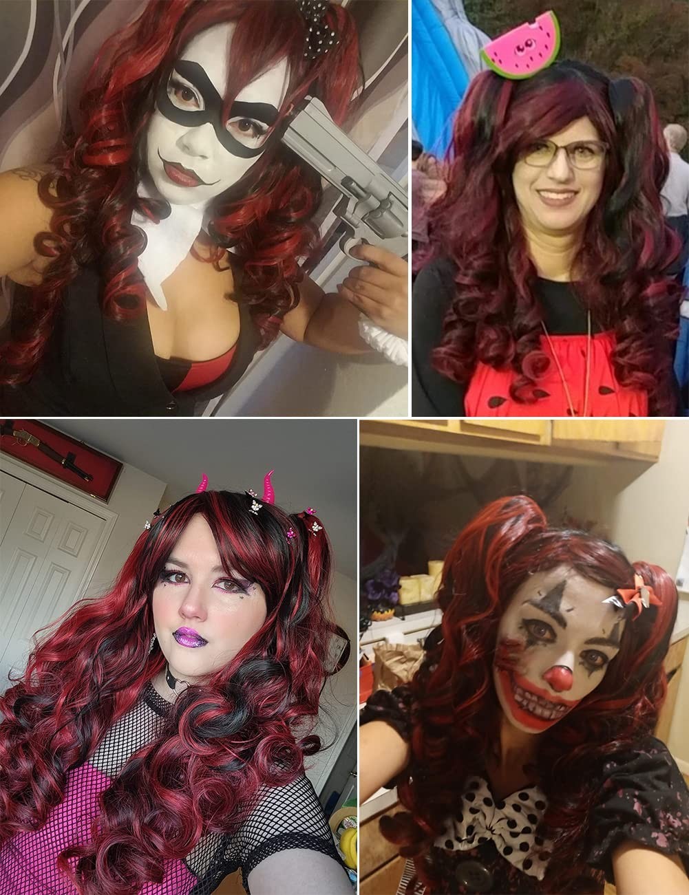 Long Curly Multi-Color Cosplay Wig with 2 Ponytails Black with Red