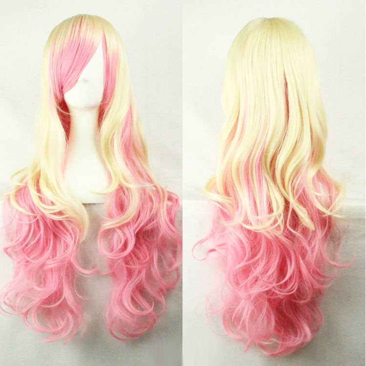 Multi-Color Blonde Mix Pink Long Wavy Curly Women Lady Cosplay Hair Wig Wigs+Cap
