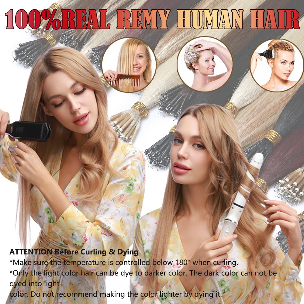 200PCS Thick 100% Remy Human Hair Extensions Nano Ring Micro Loop Beads Caramel