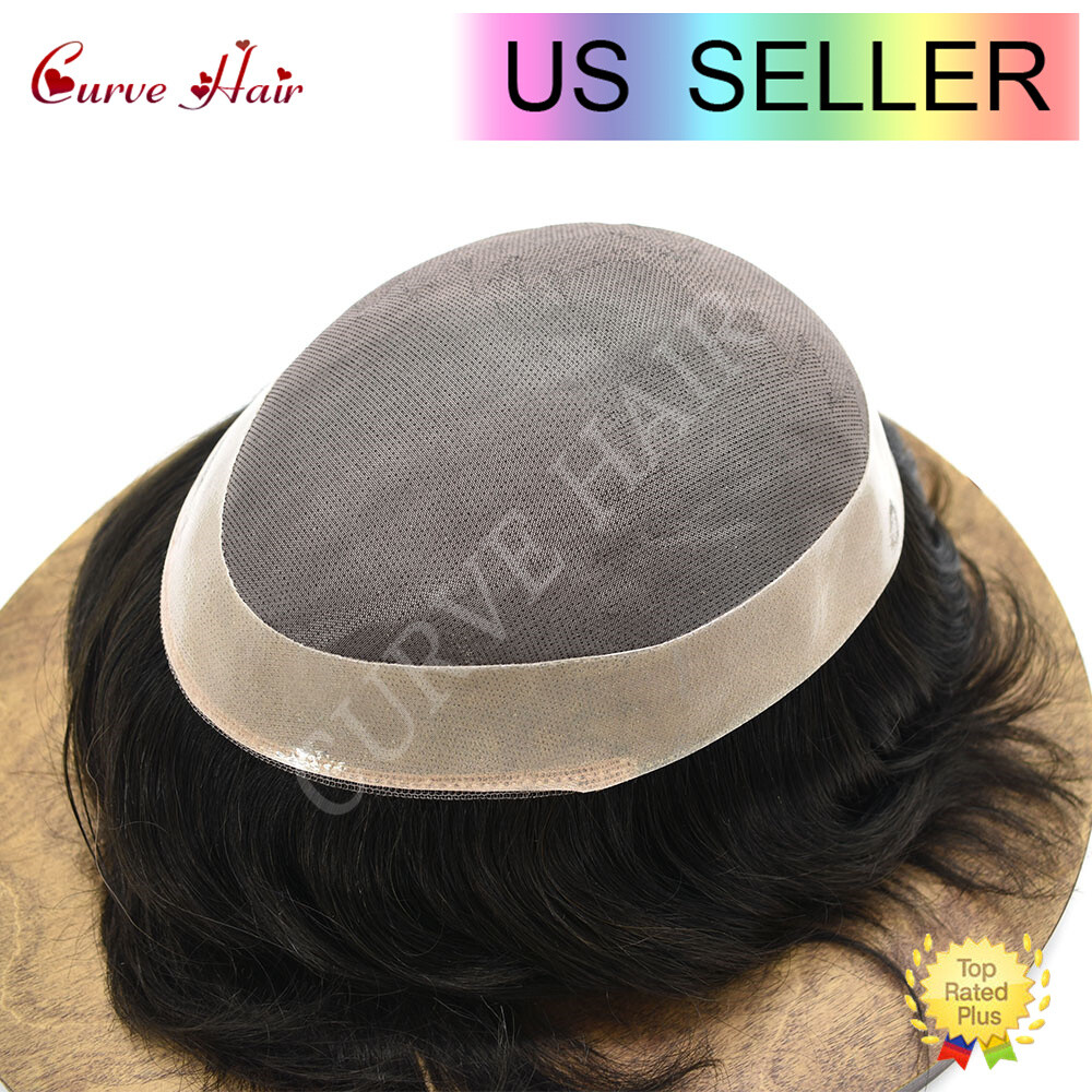 Mens Toupee Human Hair Replacement System Durable Fine Mono Lace Poly Hairpiece