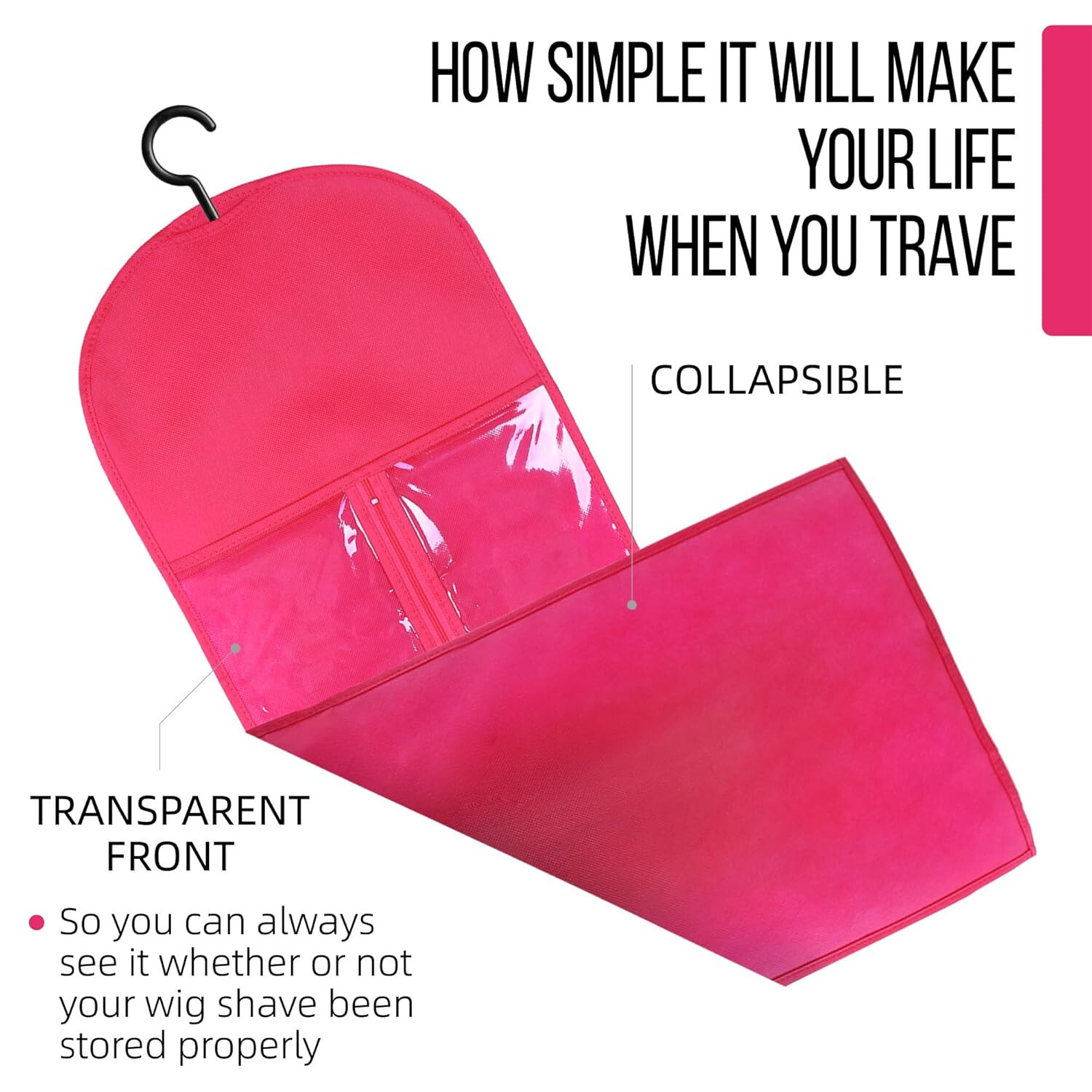 3PCS Hot Pink Wig Hook Hanger Hair Holder Storage Dustproof Bag Non-Woven Fabric