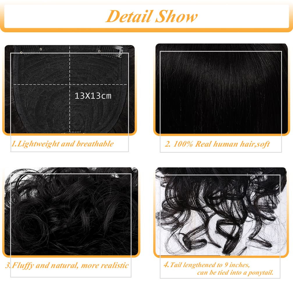 Short Curly Real Human Hair Topper with Front Bangs for Women,Breathable Wiglets