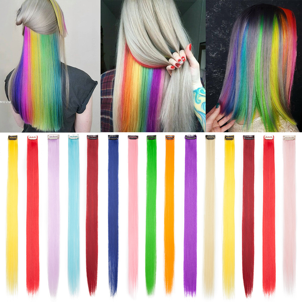 10pcs as human Hair Multi Color Clip In Hair Extensions Rainbow Streak Hair Fake