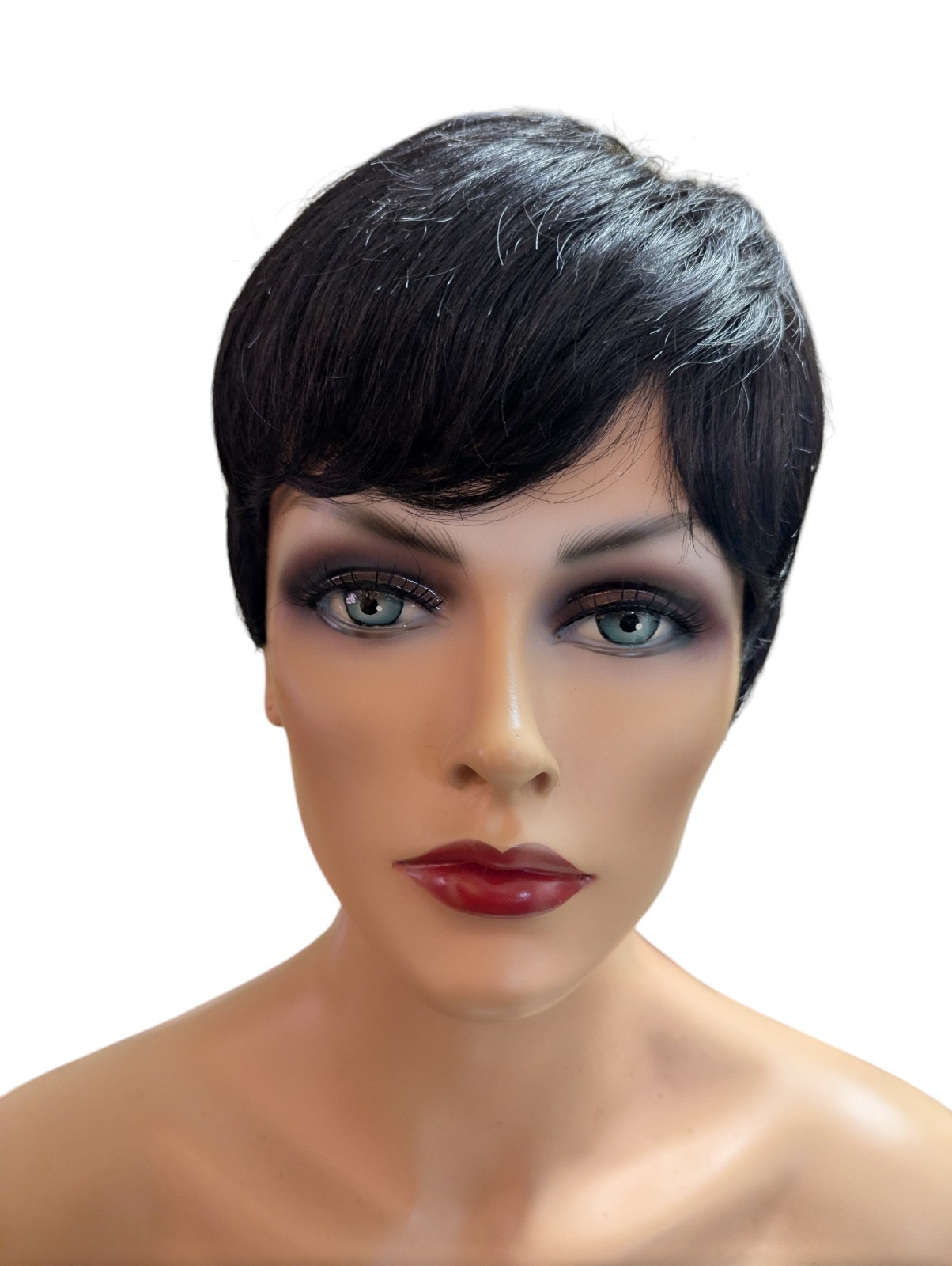 Smooth Short Synthetic Pixie Straight Wig Whispy Bangs Color 1B Off Black
