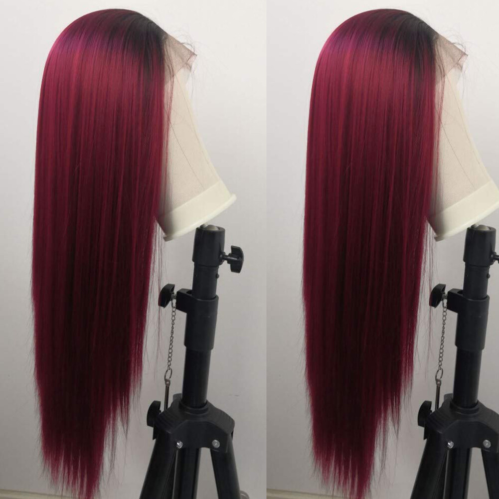 Ombre Burgundy Lace Front Wigs Heat Resistant Synthetic Long Straight Hair Soft