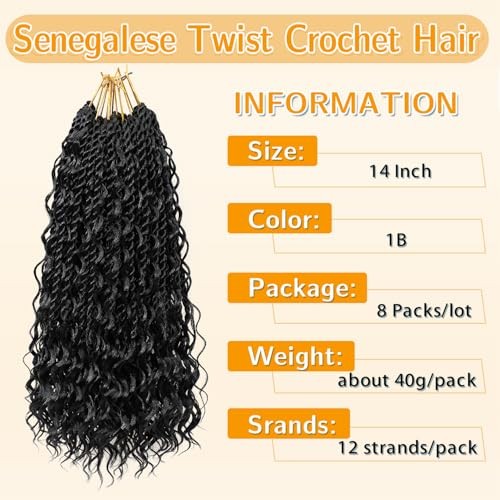 14 Inch Senegalese Twist Crochet Hair with Curly Ends 8 14 Inch (8Packs) 1B#
