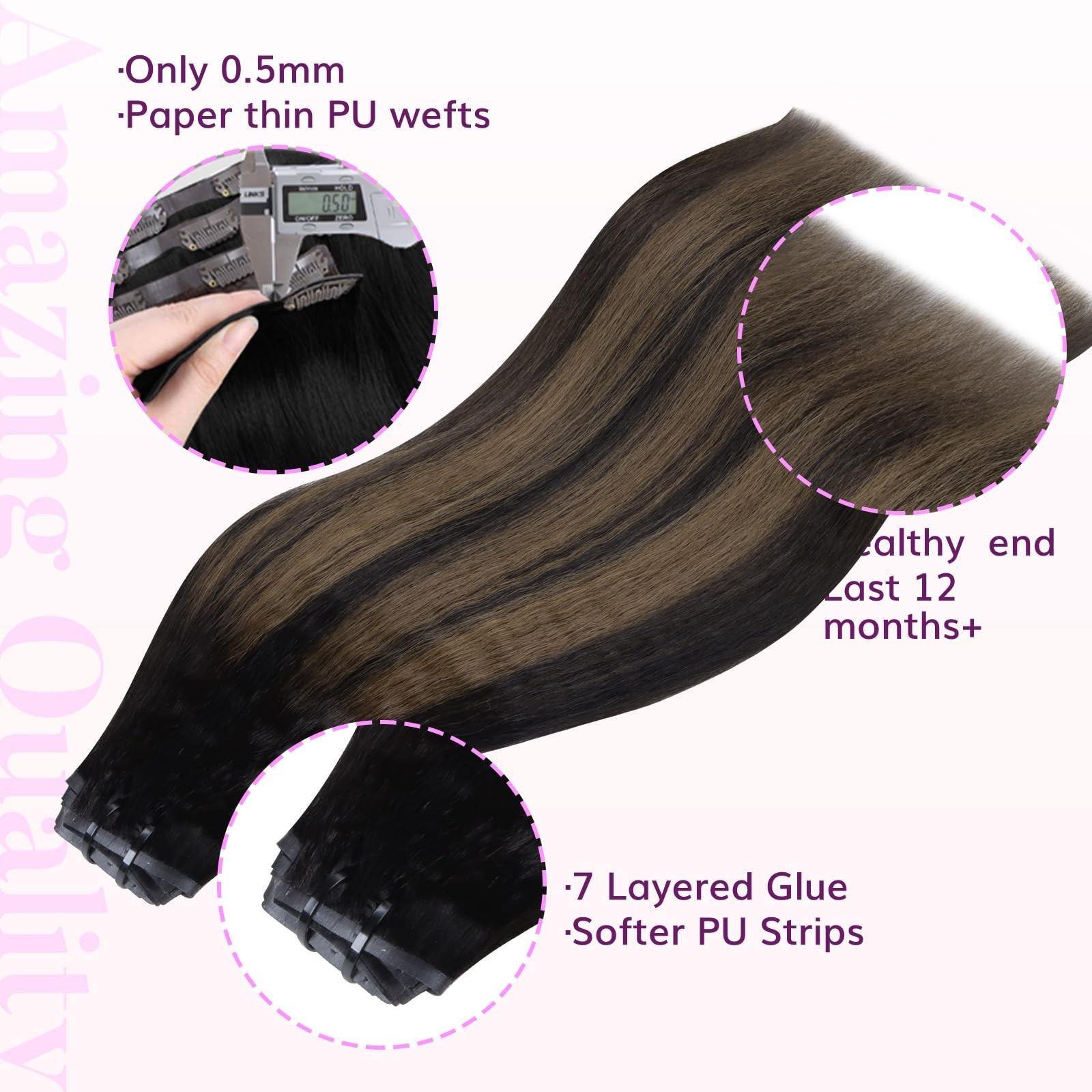 Seamless Clip-In Hair Extensions 16″ Kinky Straight 110g 7pcs Balayage Natural B