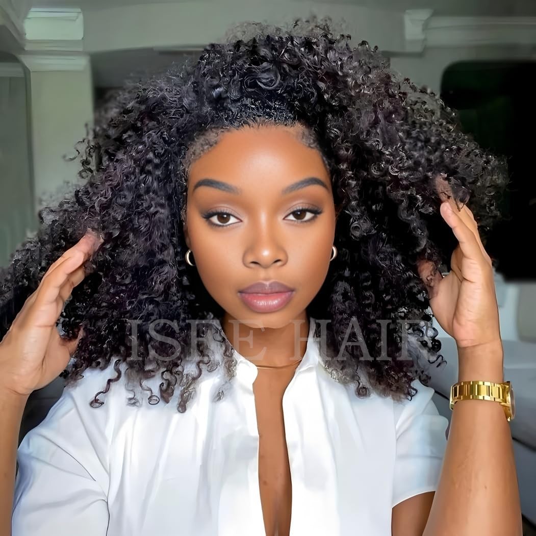 Kinky Curly Half Wig Human Hair 180% Density 16″ Glueless Clip-In Drawstring