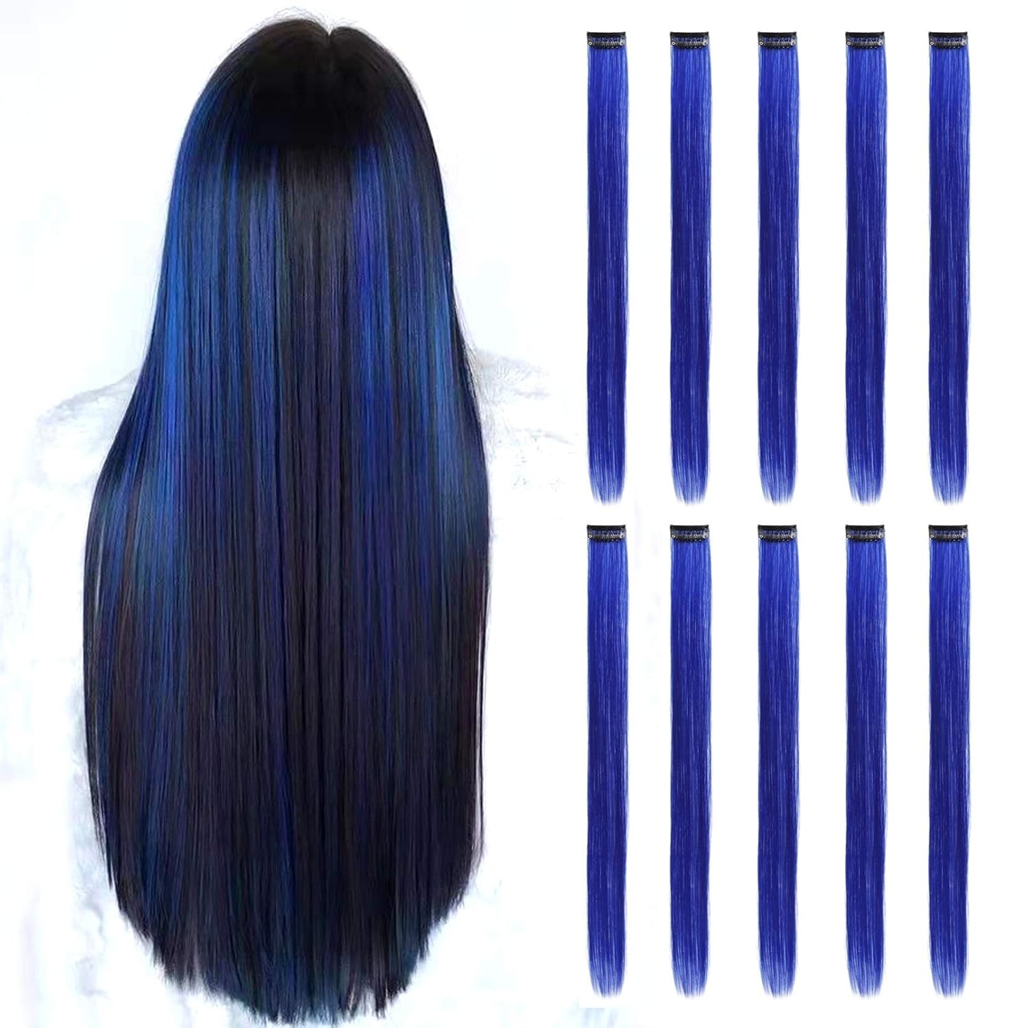 Blue Hair Extensions Clip in 10 Pieces Synthetic
