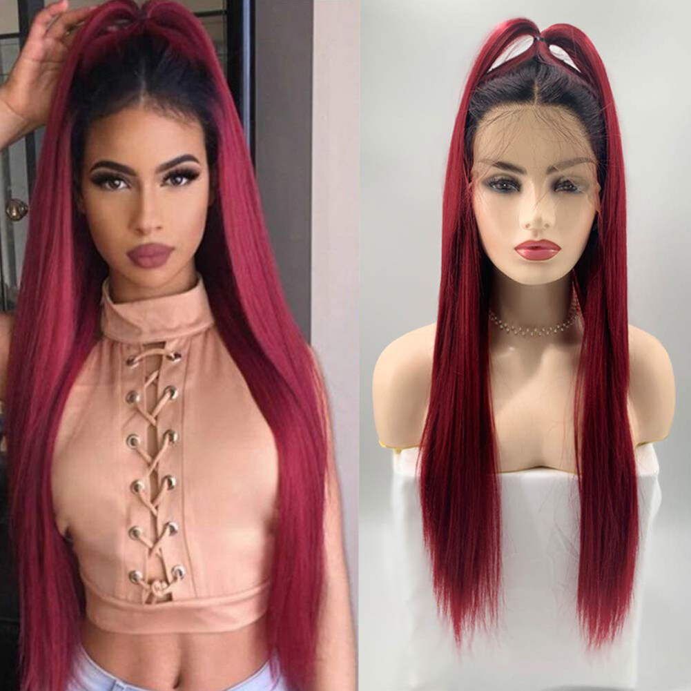 Long Straight Soft Hair Ombre Burgundy Synthetic Lace Front Wigs Heat Resistant