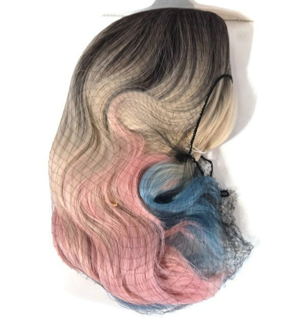 Mupul Black Wig With Color Pink Blue With Bangs NEW And Cap