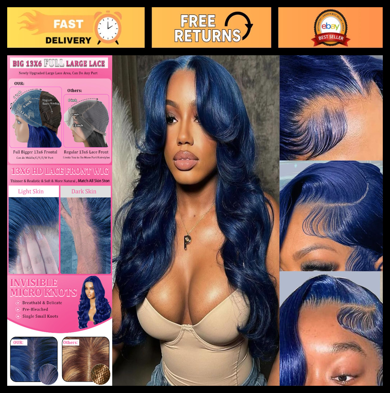 28″ Blue Body Wave Lace Front Wig – Human Hair, 180% Density, Glueless Wear & Go