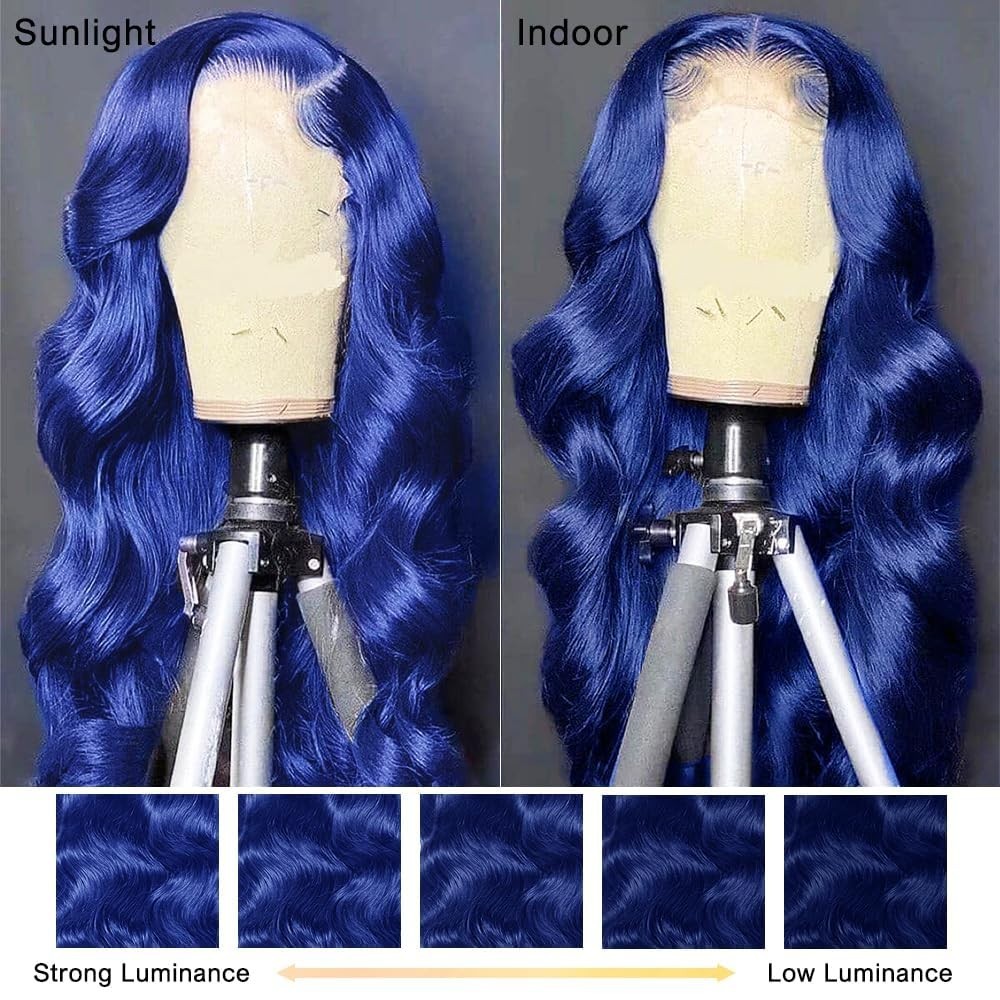 26″ Blue Lace Front Wig Human Hair Body Wave 13×4 HD Transparent Frontal 180% De