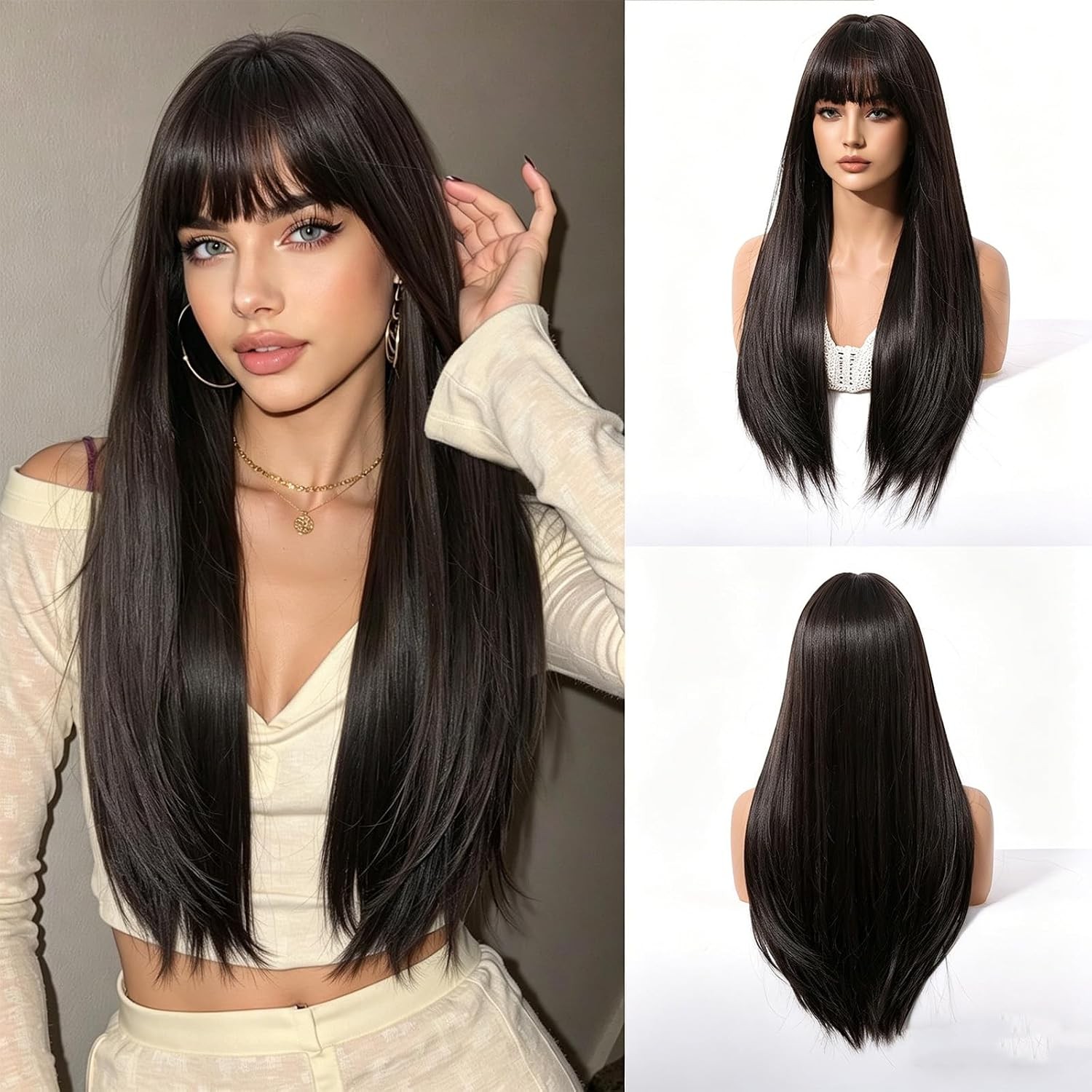 Wig with Bangs for Women, Brown Blonde Highlight Synthetic Wig, Medium Length
