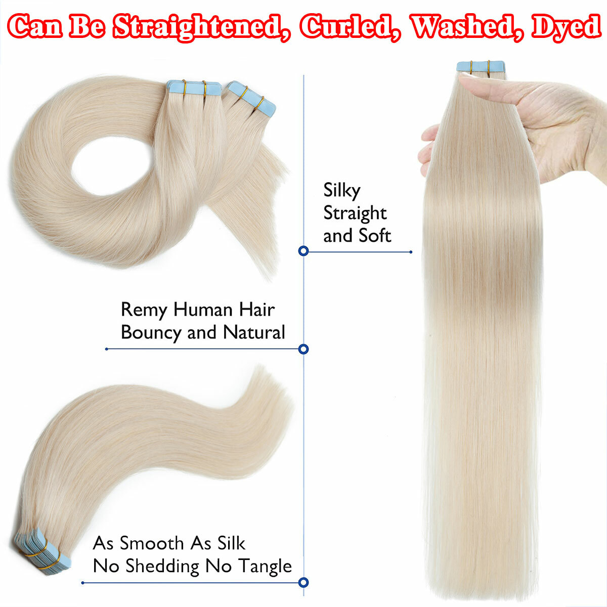 10-40PCS Tape In Real Remy Human Hair Extensions Skin Weft FULL HEAD Blond Ombre